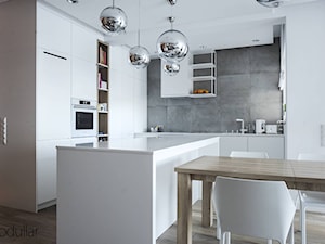 apartament Wilanów - Duża otwarta szara z zabudowaną lodówką kuchnia w kształcie litery l z oknem, styl nowoczesny - zdjęcie od MODULLAR