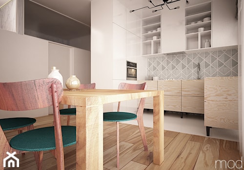 Bielany mieszkanie - Mała otwarta z zabudowaną lodówką kuchnia w kształcie litery l, styl skandynawski - zdjęcie od MODULLAR
