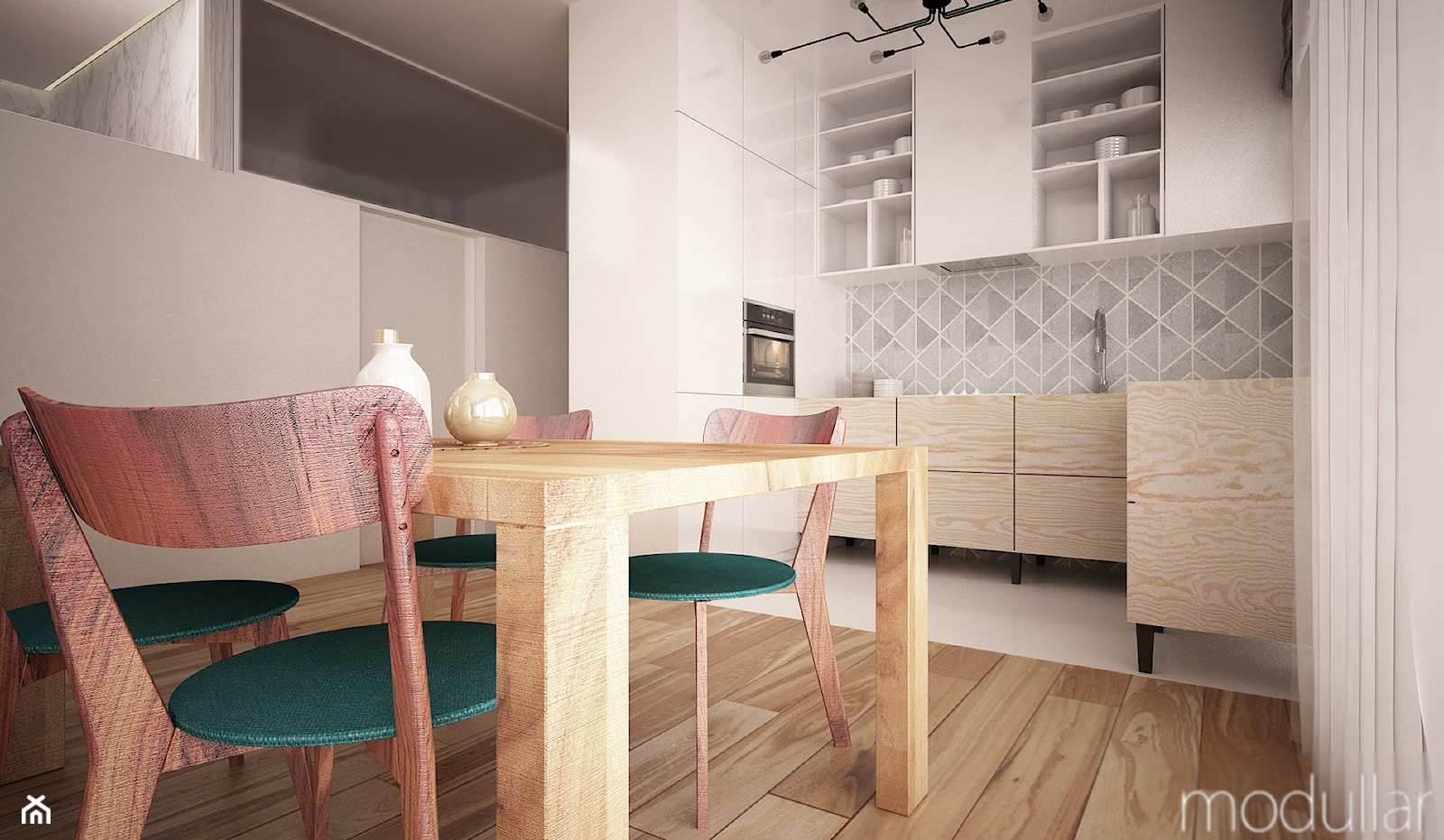 Bielany mieszkanie - Mała otwarta z zabudowaną lodówką kuchnia w kształcie litery l, styl skandynaw ... - zdjęcie od MODULLAR - Homebook