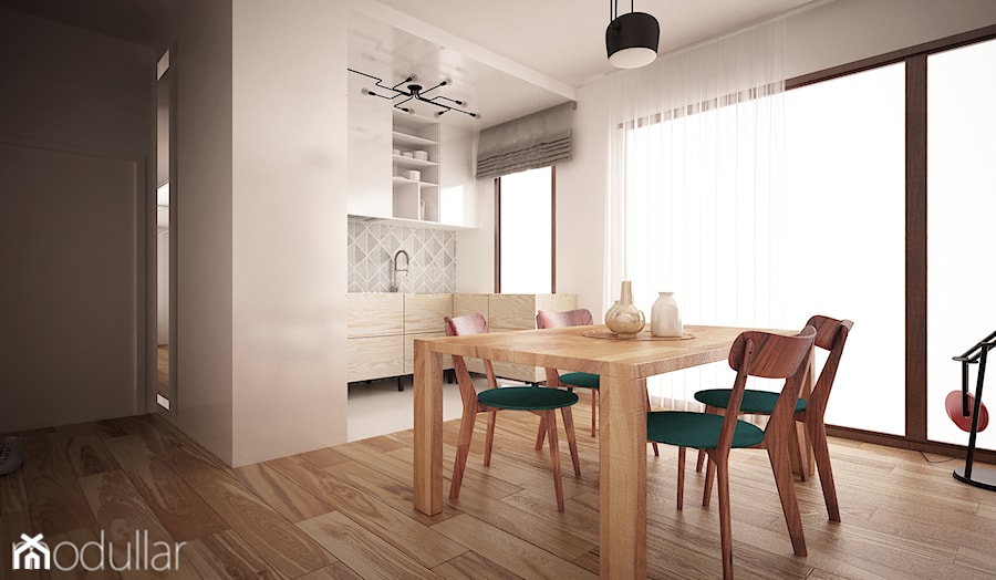 Bielany mieszkanie - Średnia biała jadalnia w salonie w kuchni, styl skandynawski - zdjęcie od MODULLAR