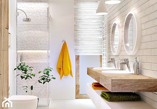 Dom w Warszawie - Mała na poddaszu z dwoma umywalkami łazienka z oknem, styl nowoczesny - zdjęcie od Icona Studio