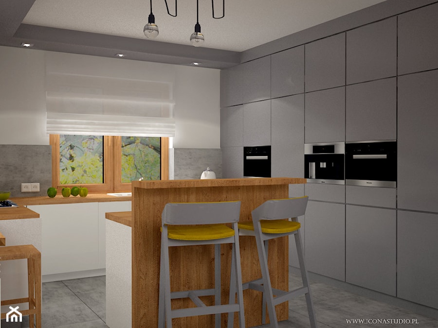 Metamorfoza kuchni i salonu - Średnia otwarta biała szara z zabudowaną lodówką kuchnia w kształcie litery g - zdjęcie od Icona Studio