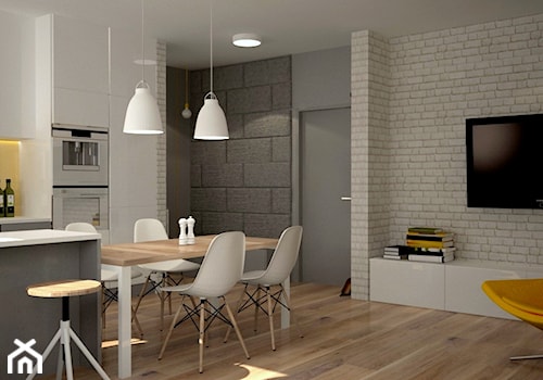 Mieszkanie na Ursynowie - Średnia beżowa biała szara jadalnia w kuchni, styl skandynawski - zdjęcie od Icona Studio