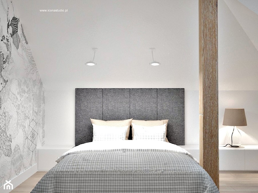 Poddasze w Głoskowie - Średnia biała szara sypialnia na poddaszu, styl nowoczesny - zdjęcie od Icona Studio