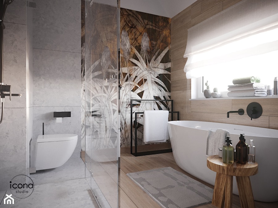 Łazienka z prysznicem i wanną - Średnia łazienka z oknem, styl nowoczesny - zdjęcie od Icona Studio