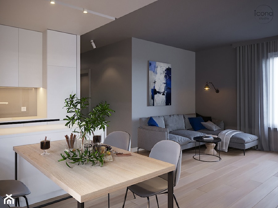 Mieszkanie w Piasecznie 6 - Średni szary salon z kuchnią z jadalnią, styl minimalistyczny - zdjęcie od Icona Studio