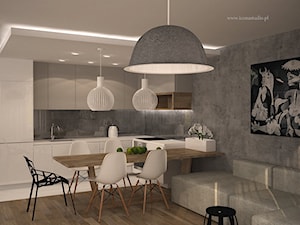 nowoczesne mieszkanie w Piasecznie - Średnia otwarta z salonem szara z zabudowaną lodówką z podblatowym zlewozmywakiem kuchnia w kształcie litery l, styl nowoczesny - zdjęcie od Icona Studio