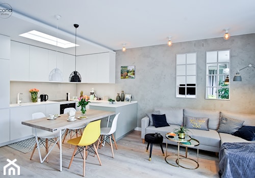 Metamorfoza mieszkania w Piasecznie - Duży szary salon z kuchnią z jadalnią, styl nowoczesny - zdjęcie od Icona Studio