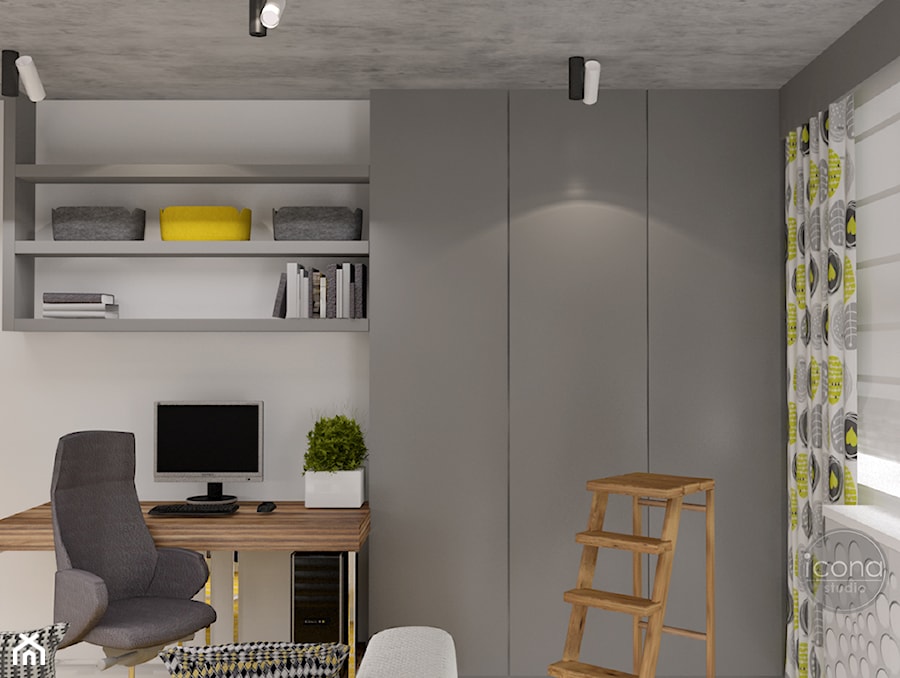 nowoczesne mieszkanie w Piasecznie - Duże w osobnym pomieszczeniu białe szare biuro, styl nowoczesny - zdjęcie od Icona Studio