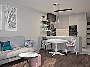 Metamorfoza mieszkania w Piasecznie 2 - Średnia otwarta z salonem biała czarna szara z zabudowaną lodówką kuchnia w kształcie litery u, styl nowoczesny - zdjęcie od Icona Studio