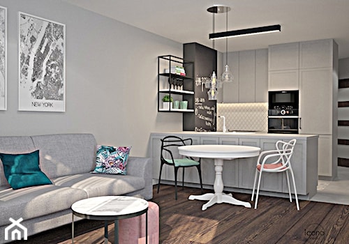 Metamorfoza mieszkania w Piasecznie 2 - Średnia otwarta z salonem biała czarna szara z zabudowaną lodówką kuchnia w kształcie litery u, styl nowoczesny - zdjęcie od Icona Studio