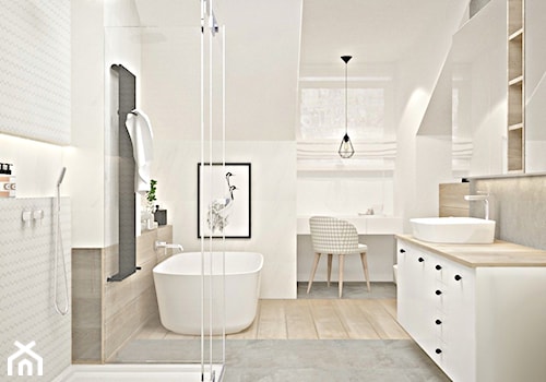 Łazienka skandynawska - metamorfoza - Średnia na poddaszu z lustrem łazienka z oknem - zdjęcie od Icona Studio