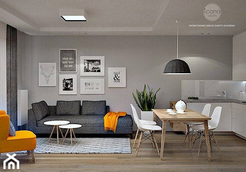 Mieszkanie w Wilanowie - Średni szary salon z kuchnią z jadalnią, styl skandynawski - zdjęcie od Icona Studio