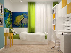 pokój dziecka - Średni biały niebieski turkusowy zielony pokój dziecka dla dziecka dla nastolatka dla chłopca dla dziewczynki, styl skandynawski - zdjęcie od Icona Studio