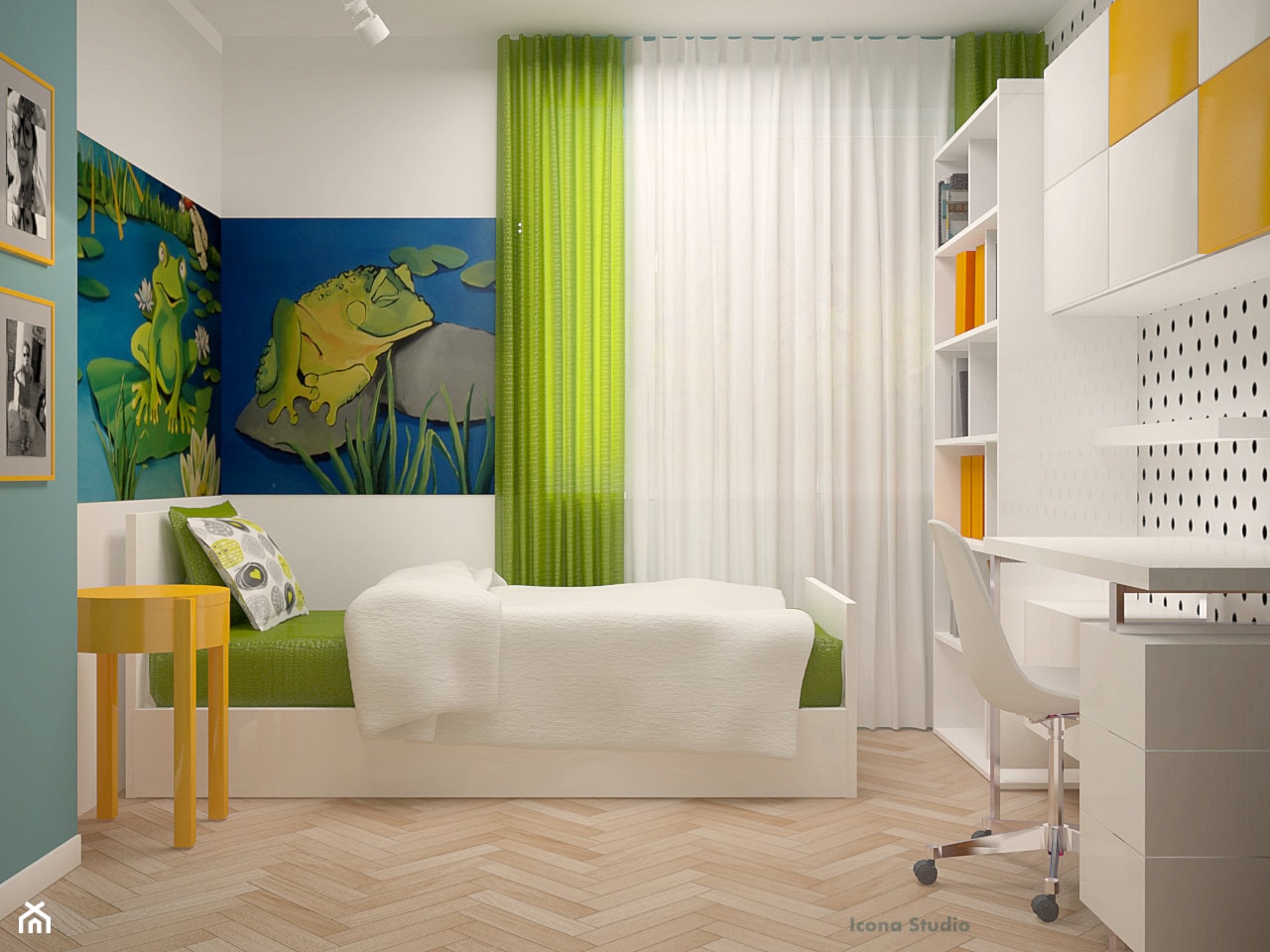 pokój dziecka - Średni biały niebieski turkusowy zielony pokój dziecka dla dziecka dla nastolatka dl ... - zdjęcie od Icona Studio - Homebook