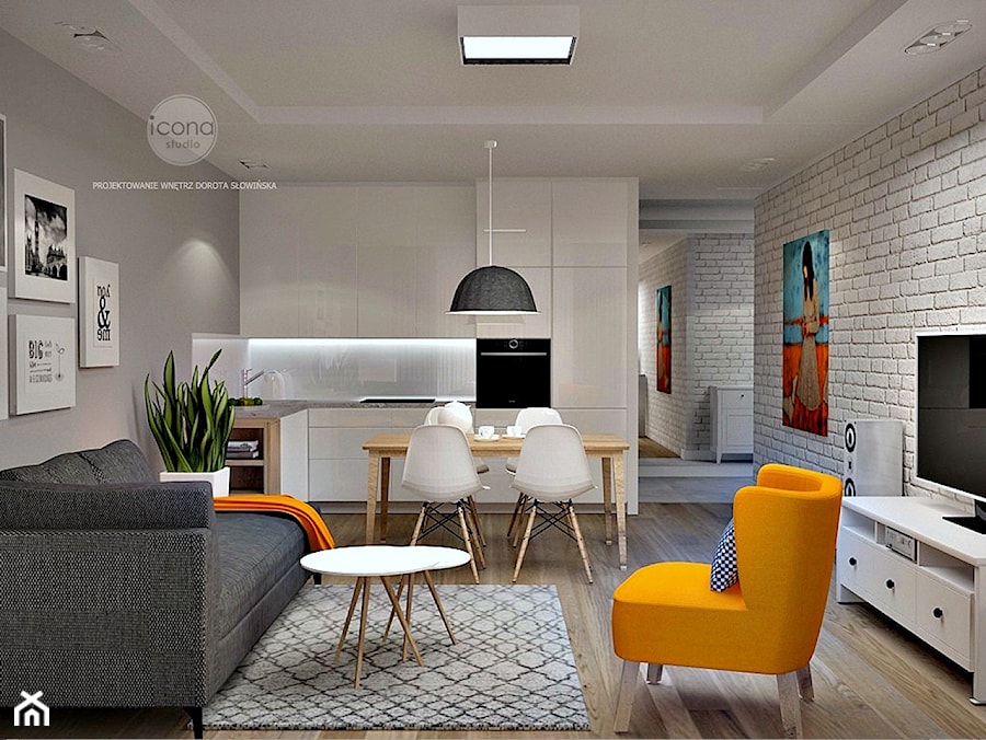 Mieszkanie w Wilanowie - Średni biały szary salon z kuchnią z jadalnią, styl skandynawski - zdjęcie od Icona Studio