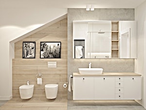 Łazienka skandynawska - metamorfoza - Średnia na poddaszu bez okna z lustrem z punktowym oświetleniem łazienka - zdjęcie od Icona Studio