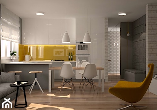Mieszkanie na Ursynowie - Średnia otwarta z salonem żółta z zabudowaną lodówką kuchnia w kształcie l ... - zdjęcie od Icona Studio