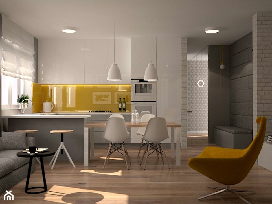 Mieszkanie na Ursynowie - Średnia otwarta z salonem żółta z zabudowaną lodówką kuchnia w kształcie litery u z oknem, styl skandynawski - zdjęcie od Icona Studio