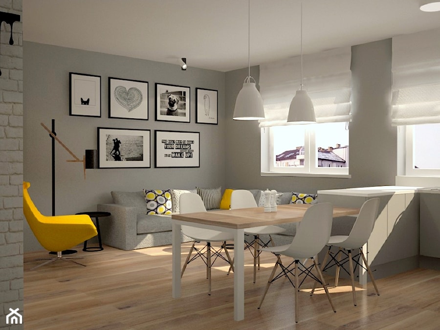 Mieszkanie na Ursynowie - Mały szary salon z jadalnią, styl skandynawski - zdjęcie od Icona Studio