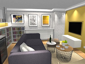 Pokój wypoczynkowy w piwnicy domu, Warszawa - Mały szary żółty salon z bibiloteczką, styl nowoczesny - zdjęcie od ZAGGO Dorota Pielaszek