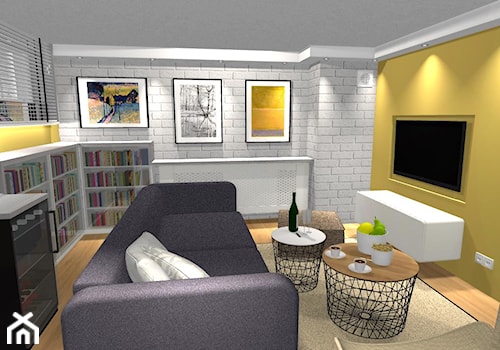 Pokój wypoczynkowy w piwnicy domu, Warszawa - Mały szary żółty salon z bibiloteczką, styl nowoczesny - zdjęcie od ZAGGO Dorota Pielaszek