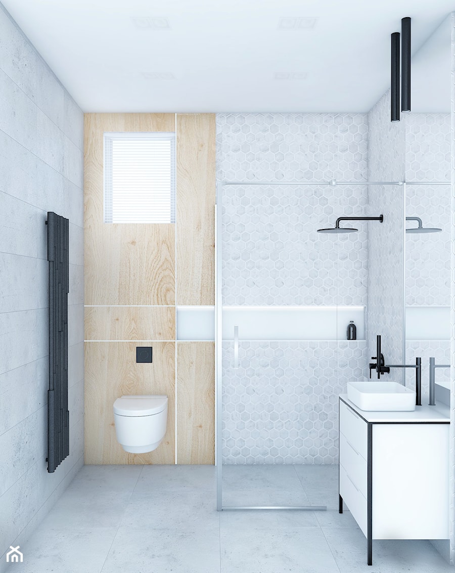 MAŁA ŁAZIENKA W SZAROŚCIACH - Średnia z lustrem łazienka z oknem, styl industrialny - zdjęcie od Kadoka Architekci
