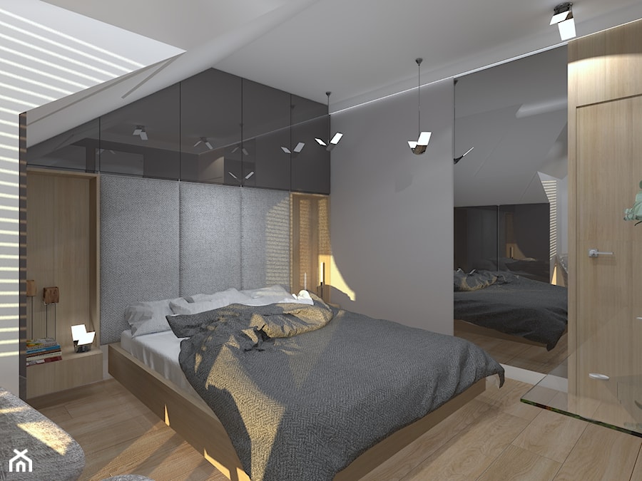 SYPIALNIA NA PODDASZU - Średnia szara sypialnia na poddaszu, styl nowoczesny - zdjęcie od Kadoka Architekci