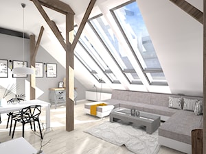 Poddasze_salon z kuchnią - Średni biały salon z jadalnią, styl industrialny - zdjęcie od Kadoka Architekci