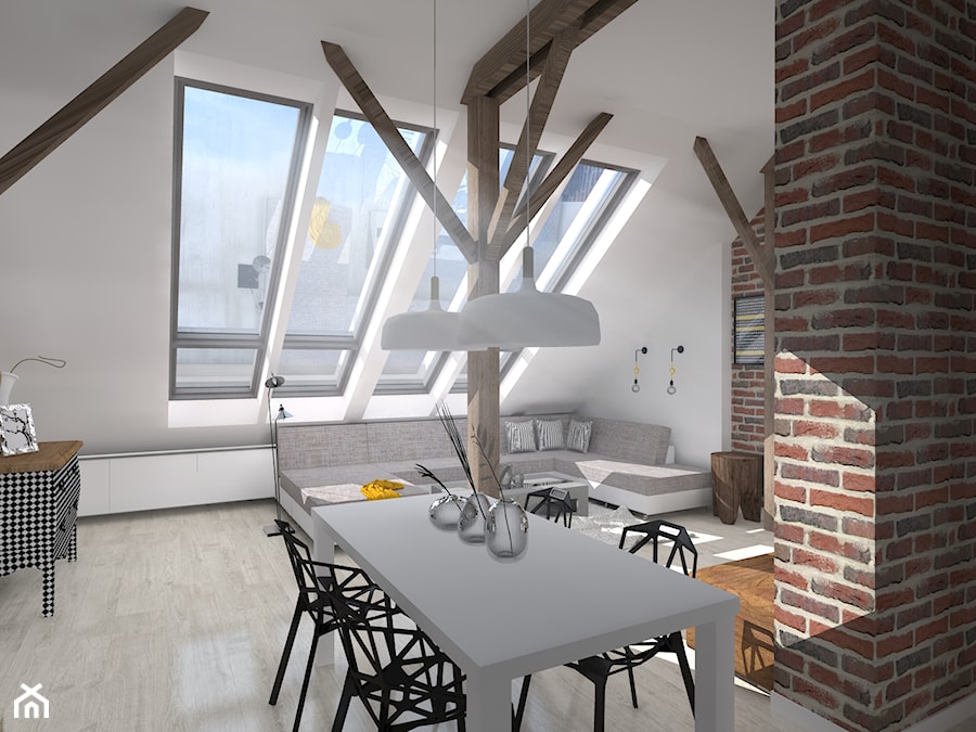 Poddasze_salon z kuchnią - Salon, styl industrialny - zdjęcie od Kadoka Architekci