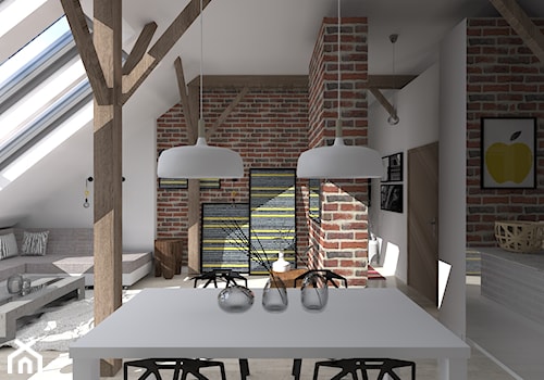Poddasze_salon z kuchnią - Duży biały salon z jadalnią, styl industrialny - zdjęcie od Kadoka Architekci