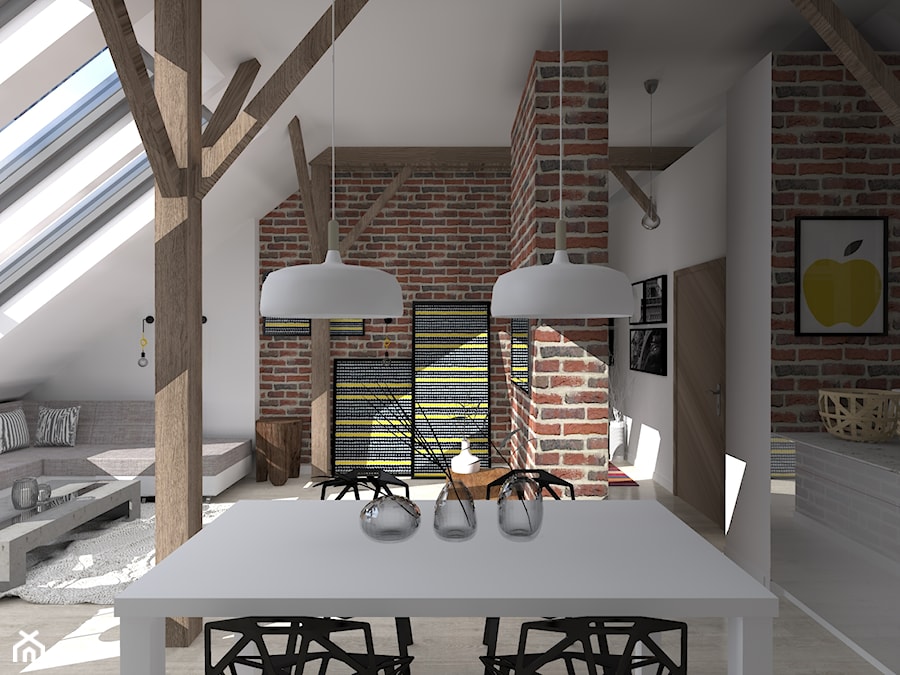 Poddasze_salon z kuchnią - Duży biały salon z jadalnią, styl industrialny - zdjęcie od Kadoka Architekci