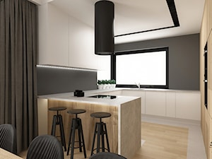 Salon z kuchnią III - Duża otwarta z kamiennym blatem czarna z zabudowaną lodówką z podblatowym zlewozmywakiem kuchnia w kształcie litery g z oknem, styl nowoczesny - zdjęcie od Femberg Architektura Wnętrz