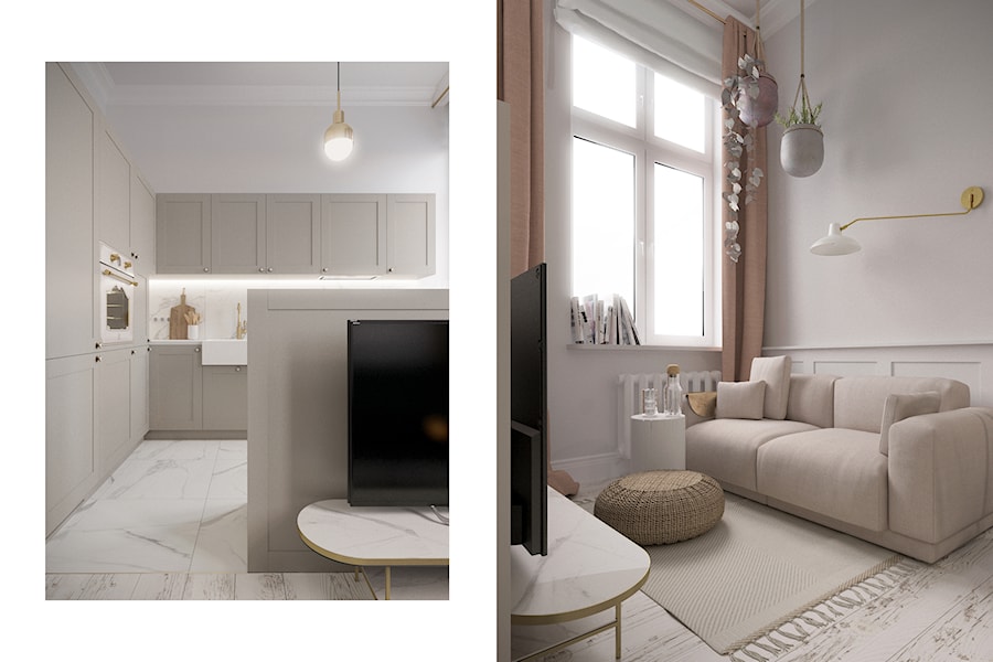 Mieszkanie Gdańsk Wrzeszcz - Mały szary salon z kuchnią, styl nowoczesny - zdjęcie od asymetric studio
