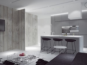 Mieszkanie_Gdańsk_CentralPark - Mała z salonem z kamiennym blatem z zabudowaną lodówką z podblatowym zlewozmywakiem kuchnia dwurzędowa z wyspą lub półwyspem, styl minimalistyczny - zdjęcie od asymetric studio
