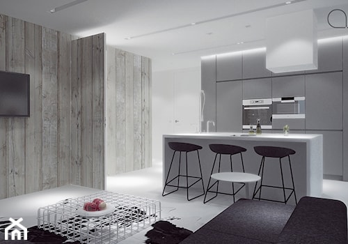 Mieszkanie_Gdańsk_CentralPark - Mała z salonem z kamiennym blatem z zabudowaną lodówką z podblatowym zlewozmywakiem kuchnia dwurzędowa z wyspą lub półwyspem, styl minimalistyczny - zdjęcie od asymetric studio