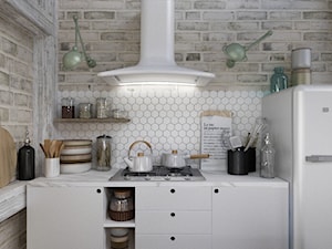 Dom_na_wsi - Mała otwarta z kamiennym blatem z lodówką wolnostojącą kuchnia jednorzędowa, styl skandynawski - zdjęcie od asymetric studio