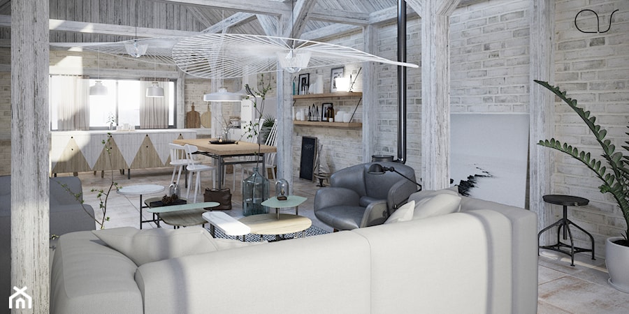 Dom_na_wsi - Średni biały salon z kuchnią z jadalnią, styl skandynawski - zdjęcie od asymetric studio