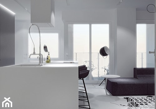 Mieszkanie_Gdańsk_CentralPark - Średnia otwarta biała z podblatowym zlewozmywakiem kuchnia dwurzędowa z wyspą lub półwyspem, styl minimalistyczny - zdjęcie od asymetric studio