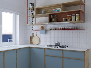 Kuchnia Gdańsk Niedźwiednik - Średnia zamknięta z kamiennym blatem biała z zabudowaną lodówką z podblatowym zlewozmywakiem kuchnia w kształcie litery l z oknem, styl vintage - zdjęcie od asymetric studio