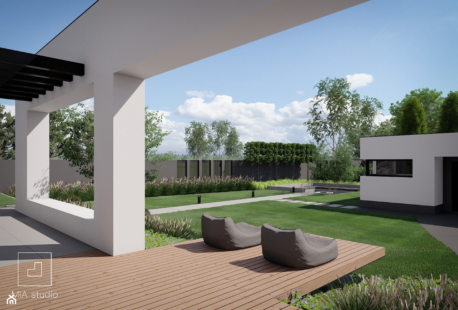 Ogród minimalistyczny z paleniskiem - Ogród, styl minimalistyczny - zdjęcie od MIA studio - Homebook