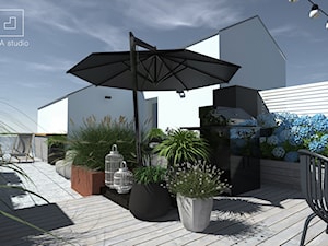 Taras na dachu - Średni z podłogą z desek z meblami ogrodowymi z donicami na kwiaty taras na dachu, styl nowoczesny - zdjęcie od MIA studio
