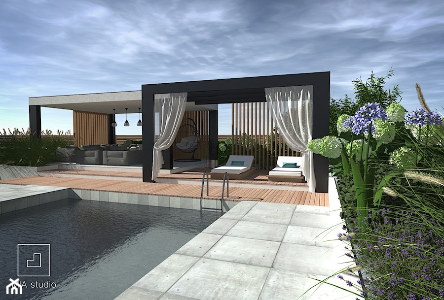 Ogród z basenem - Duży ogród za domem z altaną z basenem, styl nowoczesny - zdjęcie od MIA studio