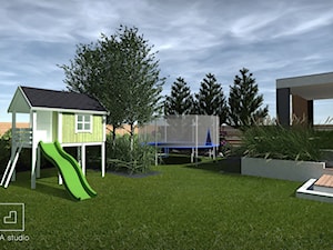 Ogród z basenem - Średni ogród za domem z trampoliną, styl nowoczesny - zdjęcie od MIA studio