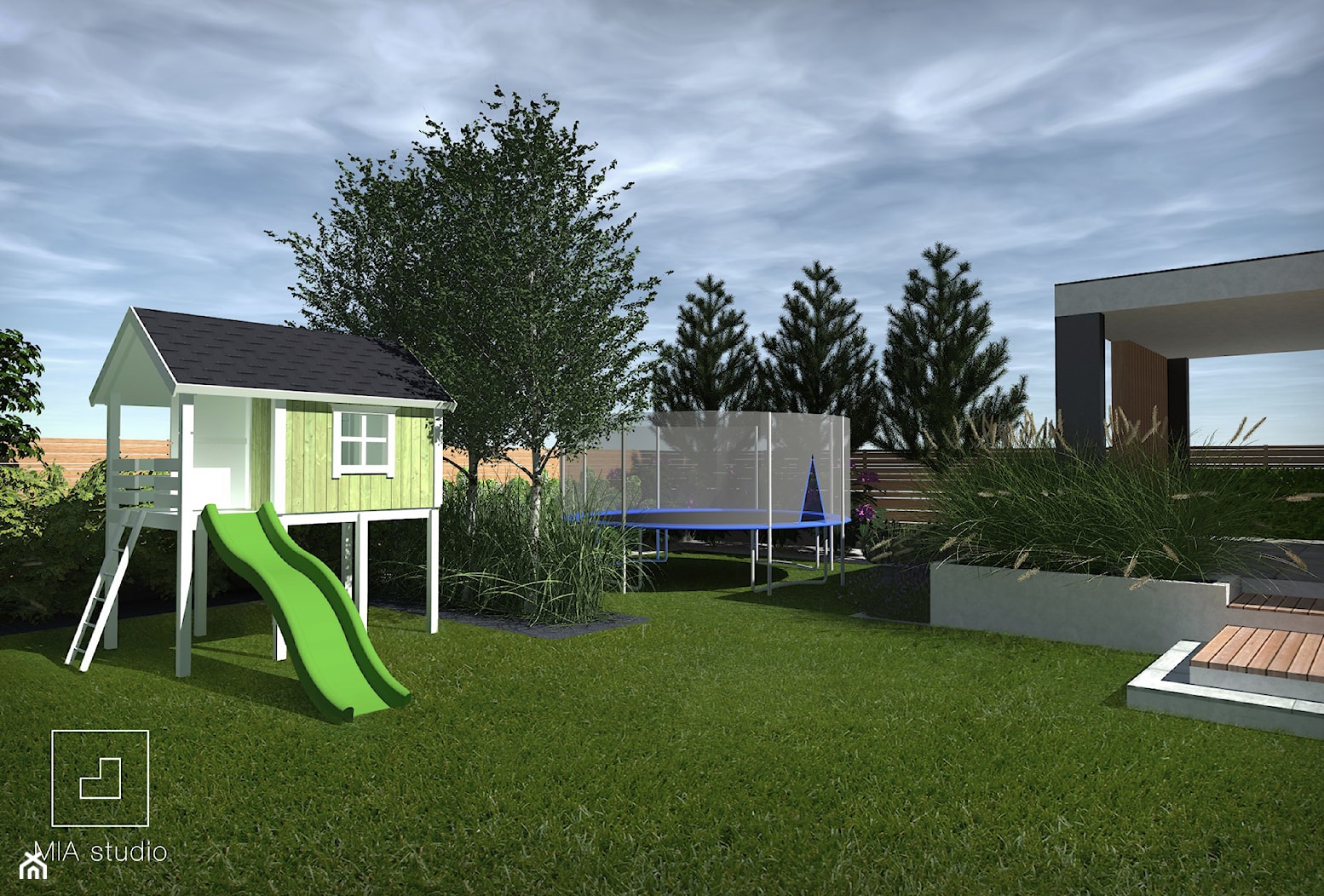 Ogród z basenem - Średni ogród za domem z trampoliną, styl nowoczesny - zdjęcie od MIA studio - Homebook