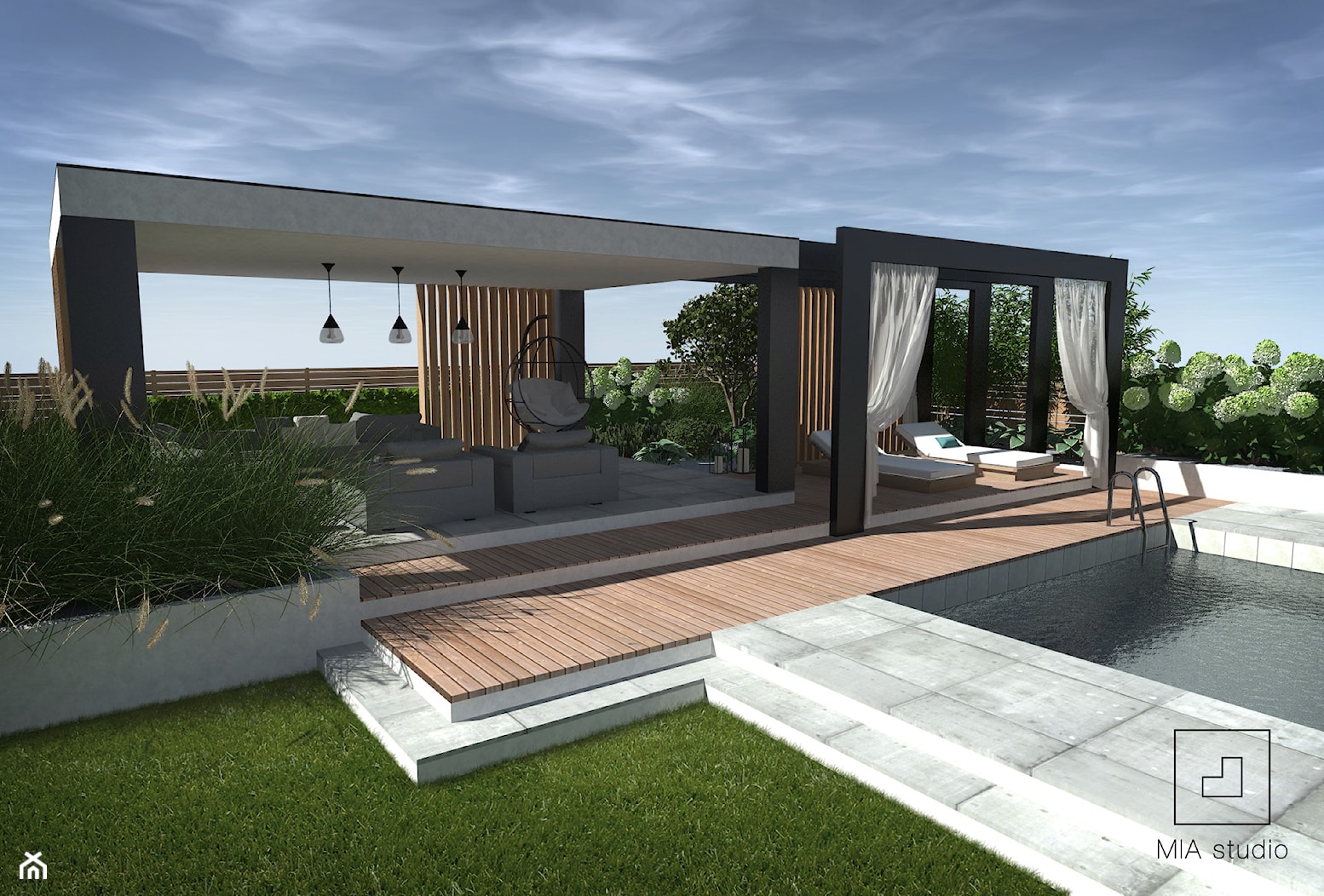 Altana nowoczesna "Ribeira" - Średni ogród za domem z basenem, styl nowoczesny - zdjęcie od MIA studio - Homebook