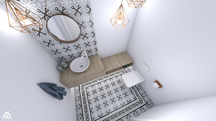 Lazurowe cztery kąty - Mała bez okna łazienka, styl skandynawski - zdjęcie od StudioAtoato
