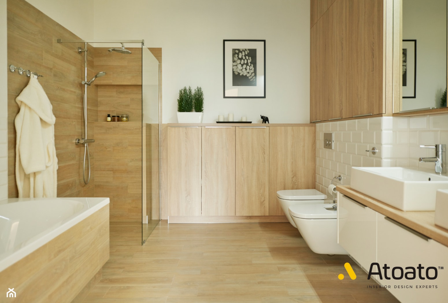 łazienka w drewnopodobne płytki - zdjęcie od StudioAtoato - Homebook
