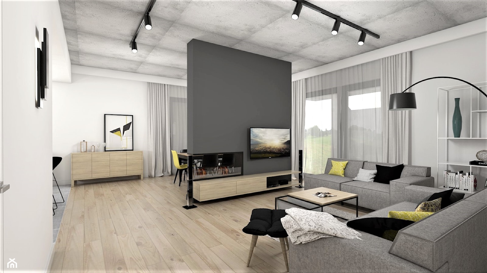 Dom nowoczesny z elementami czerni - Duży biały szary salon z jadalnią, styl nowoczesny - zdjęcie od StudioAtoato - Homebook