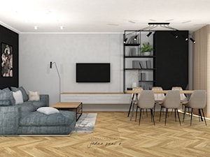 Mieszkanie w Warszawie - Duży biały czarny salon z jadalnią z bibiloteczką, styl nowoczesny - zdjęcie od jedna.pani.s